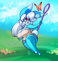 andrew_dickman anthro awd big_breasts blue_skin breasts buckteeth bunny butterfly butterfly_net digital_drawing_(artwork) digital_media_(artwork) female female female_only flowers furry_only grass happy net outside pixels_bunni playing short_shorts solo solo_female