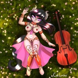 anthro big_breasts bowed_string_instrument breasts caliluminos cello earth_pony equid equine female flower friendship_is_magic genitals gold_(metal) gold_jewelry grass hi_res horse jewelry mammal musical_instrument my_little_pony octavia_(mlp) plant pony pussy skimpy_dress solo string_instrument