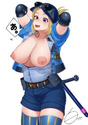 1girls 2021 accidental_exposure arms_behind_head baton big_breasts blonde_hair blue_eyes blush breasts breasts_out cleavage clothed clothed_female female female_only hat high_resolution looking_down lucia_morgan nightstick nipples object_in_mouth open_mouth police_badge police_baton puffy_areola shirofugu shorts simple_background solo steaming_body stockings street_fighter street_fighter_v sunglasses sunglasses_on_hat sunglasses_on_head sweat tomboy watermark