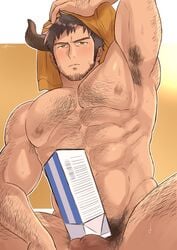 1boy abs arm_hair armpit_hair bara beard blush chest_hair chinese_zodiac completely_nude cow_boy cow_horns facial_hair feet_out_of_frame from_below gay hairy hand_on_own_head highres horns large_pectorals leg_hair looking_at_viewer male male_focus male_only mature_male milk_carton muscular muscular_male navel navel_hair niichi_(niichi21) nipples nude original pectorals short_hair sideburns solo spread_legs stomach sweatdrop thick_thighs thighs towel year_of_the_ox