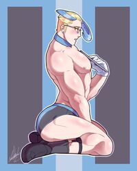 1boy bara barely_clothed blonde_hair blue_hair blush colress_(pokemon) edd_layerex garter_belt gay glasses gloves holding_object human human_only male male_only muscles muscular muscular_male pecs pokemon pokemon_bw2 shoes socks solo solo_male underwear