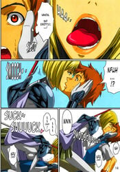 1boy 1girls age_difference blonde_hair bodysuit brown_hair clare_(claymore) claymore clothing comic cowgirl_position deep_kissing english_text female french_kiss french_kissing grey_eyes kissing lost_rarities male older_female older_woman_and_younger_boy provocative raki seductive_mouth short_hair takapiko text throat tongue tongue_out younger_male