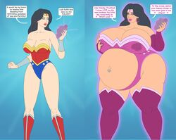 amazon bimbo bimbofication black_hair busty dc_comics dialogue diana_prince female female_only green_lantern_(series) huge_belly huge_breasts impregnation milf pregnant saturnxart thick_lips transformation venus_body venus_of_willendorf wonder_woman wonder_woman_(series)