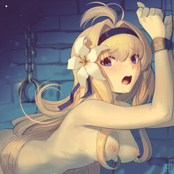 1girls absurdres arms_up bangs bent_over blonde_hair blue_eyes blush bondage breasts dungeon female female_only flower granblue_fantasy hair_flower hair_intakes hair_ornament hairband helpless highres jeanne_d'arc_(granblue_fantasy) kaddo large_breasts lily_(flower) long_hair looking_at_viewer nipples nude prison restrained solo