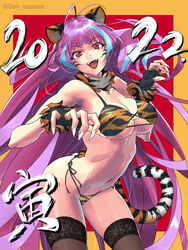 2022 animal_ears animal_print bangs bikini black_gloves black_legwear blue_hair breasts chinese_zodiac claw_pose cleavage don_(rg06268) female fingerless_gloves floating_hair gloves highres leaning_forward long_hair macross macross_delta medium_breasts midriff mikumo_guynemer multicolored_hair navel open_mouth print_bikini purple_hair smile solo stockings streaked_hair swimsuit tail thighhighs tiger_ears tiger_print tiger_tail underboob very_long_hair white_nails year_of_the_tiger