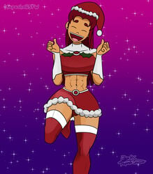 abs belly big_breasts big_butt christmas christmas_clothing christmas_outfit dc dc_comics happy legs mapashonsfw one_leg_up orange_body orange_hair red_hair red_hair smile starfire teen_titans thick_thighs thighs tight_clothing