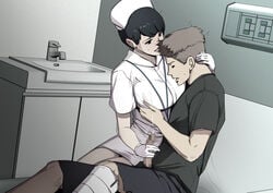 1boy 1girls age_difference black_hair breast_grab breasts censored_pussy cheating cheating_wife cum cumshot female gloves grechko55 gureko_rouman handjob happy hospital hugging male mature_female mature_woman milf muted_color nurse nurse_cap nurse_uniform older_female older_woman_and_younger_boy penis short_hair younger_male