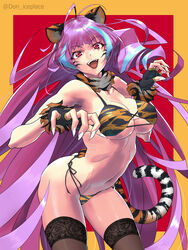 animal_ears animal_print bangs bikini black_gloves black_legwear blue_hair breasts claw_pose cleavage don_(rg06268) female fingerless_gloves floating_hair gloves highres leaning_forward long_hair macross macross_delta medium_breasts midriff mikumo_guynemer multicolored_hair navel open_mouth print_bikini purple_hair red_eyes smile solo stockings streaked_hair swimsuit tail thighhighs tiger_ears tiger_print tiger_tail underboob very_long_hair white_nails