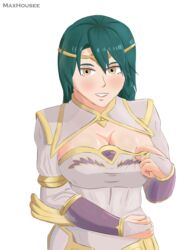 1girls braid braided_ponytail breasts cleavage clothes_pull female_only fire_emblem fire_emblem_heroes green_hair large_breasts looking_at_viewer maxhousee nintendo side_ponytail solo teasing thorr_(fire_emblem) undressing upper_body yellow_eyes