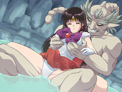 1boy 1boy1girl 1girls age_difference bad_end bishoujo_senshi_sailor_moon black_hair breast_grab closed_eyes clothing forced_exposure from_behind grin monster panties rei_hino sailor_mars sitting_on_lap skirt small_breasts spread_legs spring submissive_female tare-katsu upskirt water