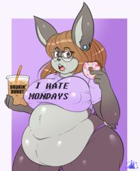 1girls anthro belly_overhang big_belly big_breasts breasts brown_eyes bunny chubby chubby_female eating female furry lunarholt nipples_visible_through_clothing