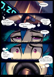 alarm_clock awake blue_hair clock close-up clothing comic english_text equid equine feral fleshlight_gag friendship_is_magic ftm_crossgender gag hair hasbro hi_res jedayskayvoker legwear male mammal my_little_pony page_1 penetrable_sex_toy penetrable_sex_toy_in_mouth purple_eyes quadruped rubber rubber_clothing rubber_suit rule_63 sex_toy stockings text thought_bubble vinyl_scratch_(mlp)