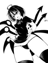 absurdres ahoge asymmetrical_wings bangs black_panties blush bowtie clothes_lift dress female from_below greyscale hand_on_hip highres monochrome nue_houjuu nuekane open_mouth panties short_hair short_sleeves simple_background skirt skirt_lift snake solo standing thighhighs touhou underwear wings