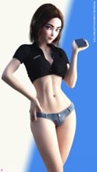 1girls 3d blue_eyes brown_hair clothed clothing denim_panties female female_only hand_on_hip looking_at_viewer medium_breasts panties pinup samsung_sam short_hair simple_background slushe_(website) smartphone solo solo_female soulartmatter standing