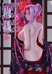 1girls 2022 absurdres alternate_costume alternate_hairstyle ass black_kimono breasts fate/grand_order fate/hollow_ataraxia fate_(series) female fireworks hair_bun happy_new_year highres japanese_clothes kimono large_breasts looking_at_viewer looking_back medusa_(fate) medusa_(rider)_(fate) naked_kimono new_year no_bra no_panties purple_eyes purple_hair sideboob solo square_pupils tagme type-moon undressing zin_(pixiv30275228)