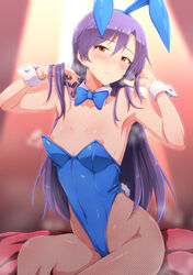 animal_ears bare_shoulders blue_bow blue_bowtie bowtie breasts brown_eyes bunny_ears commentary_request detached_collar eyebrows_visible_through_hair fake_animal_ears female fishnet_legwear fishnets highres idolmaster idolmaster_(classic) kisaragi_chihaya long_hair looking_at_viewer nipples oversized_breast_cup pantyhose playboy_bunny purple_hair rabbit_ears sitting small_breasts solo tengu_(tetuo_kun) thighs