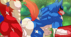 all_fours anal anal_sex anthro ass balls big_butt big_penis blush bodily_fluids canid duo forest genita genital_fluids genitals hero_of_many_battles_zacian hero_of_many_battles_zamazenta hi_res humanoid legendary_pokémon looking_pleasured male male/male male_only mammal masturbation muscular muscular_male nintendo nipples pecs penetration penis plant pokémon_(species) pokemon precum sex sweat tongue tongue_out tree vein veiny_penis video_games zacian zamazenta zuwardo