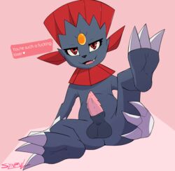 animal_genitalia anthro ass balls claws digital_media_(artwork) erection feelin_synful feet fur genitals hi_res looking_at_viewer male mammal nintendo nude open_mouth penis pokémon_(species) pokemon presenting red_eyes sheath simple_background solo solo_focus spread_legs spreading text toe_claws video_games weavile