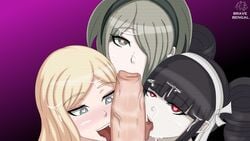 16:9 1boy 3girls black_hair blonde_hair bravebengal celestia_ludenberg collaborative_fellatio cum cum_on_face danganronpa danganronpa_1 danganronpa_2:_goodbye_despair danganronpa_v3 eye_contact fellatio harem heart-shaped_pupils licking_penis long_hair looking_at_viewer male_pov oral pale-skinned_female pov red_eyes silver_hair smooth_skin sonia_nevermind straight toujou_kirumi unseen_male_face