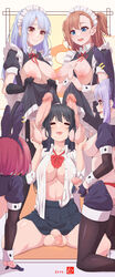 1girls 4futas animal_ears areolae balls big_balls big_breasts big_penis black_dress black_gloves black_hair black_legwear blue_eyes blue_hair blush bow bowtie breasts breasts_out brown_eyes brown_hair censored closed_eyes closed_mouth clothed clothes_lift clothing dress dress_lift earrings erection fake_animal_ears flaccid futa_focus futa_only futa_with_futa futanari gloves harem highres human jewelry kneeling kujya large_breasts lifted_by_self light-skinned_futanari light_skin long_hair maid maid_headdress meme_attire mosaic_censoring mostly_clothed multiple_girls multiple_penises nipples open_clothes open_mouth open_shirt original pale_skin partially_clothed penis puffy_sleeves purple_hair rabbit_ears red_bow red_bowtie red_hair reverse_bunnysuit reverse_outfit shirt short_hair sidelocks sitting skirt skirt_lift smile standing testicles white_shirt wrist_cuffs