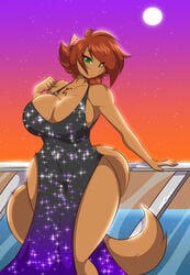 1girls 2021 anthro breasts brown_fur brown_hair cleavage dress female female_only furry huge_breasts looking_at_viewer mastergodai mrs._amp night original original_character rodent short_hair solo sparkle thick_thighs voluptuous weasel wide_hips yacht