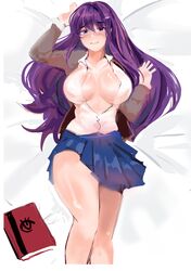 1girls bed big_breasts blush breasts butterflan01 doki_doki_literature_club doodle eye_contact female huge_breasts long_hair looking_at_viewer on_bed purple_hair school_uniform schoolgirl skirt solo thick_thighs yuri_(doki_doki_literature_club)