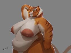 anthro areola belly big_breasts breasts dreamworks emberwick felid female fur hi_res kung_fu_panda mammal master_tigress navel nipples nude obese obese_anthro obese_female orange_body orange_fur overweight overweight_anthro overweight_female pantherine sagging_breasts simple_background solo striped_body striped_fur stripes tiger white_body white_fur