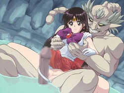 1boy 1boy1girl 1girls age_difference bad_end big_penis bishoujo_senshi_sailor_moon black_hair breast_grab censored clothing forced_exposure from_behind grin imminent_penetration imminent_rape imminent_sex imminent_vaginal monster monster_cock panties penis_between_legs rei_hino sailor_mars sitting_on_lap skirt skirt_lift small_breasts spread_legs spring submissive_female tare-katsu water