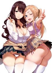 2girls ;d alternate_hairstyle ass ass_cleavage ass_visible_through_thighs asymmetrical_docking bangs blonde_hair blue_eyes blush breasts brown_eyes brown_hair butt_crack cleavage clothes_around_waist collarbone cowboy_shot crop_top excessive_pubic_hair eyebrows_visible_through_hair female_pubic_hair gyaru hair_between_eyes hair_ornament hair_tie hairclip highres hinnyuu-chan_(iku) iku_(ikuchan_kaoru) kyonyuu-chan_(iku) large_breasts long_hair looking_at_viewer miniskirt multiple_girls no_bra oerba_yun_fang one_eye_closed open_mouth original panties pantyshot plaid plaid_skirt pleated_skirt pubic_hair school_uniform shirt side-tie_panties skirt small_breasts smile standing string_panties sweater sweater_around_waist thigh_gap thighhighs thong twintails underwear upskirt v white_legwear white_panties wind wind_lift