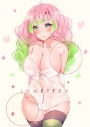 bangs bare_shoulders big_breasts blush braided_hair cleavage demon_slayer female female_only green_eyes hourglass_figure kanroji_mitsuri kimetsu_no_yaiba leaftter long_hair looking_at_viewer nipple_bulge no_bra no_panties off_shoulder pink_hair solo thick_thighs thighhighs two_tone_hair white_shirt wide_hips