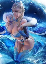 1girls 2021 big_breasts disney elsa_(frozen) female female_only frozen_(film) ice large_breasts sakimichan snow snowflake solo