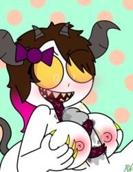 anonymous baby_tuttifruti_(artist) big_breasts blowjob blush canines chubby chubby_female claws comet_gonzales_lopez demon_girl demon_horns demon_tail fangs fluids grabbing_breasts horny long_tongue open_mouth original paizufella paizuri pink_nipples precum spooky_month_oc yellow_eyes