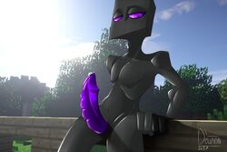 2017 anthro black_body bodily_fluids deuzion enderman endertwinks erection genital_fluids genitals leaning leaning_back looking_at_viewer lykansden male male_only microsoft minecraft mojang penis precum purple_eyes purple_penis skinny solo video_games xbox_game_studios