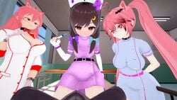 3girls big_breasts breasts brown_eyes brown_hair catgirl doctor female female_doctor indie_virtual_youtuber injection latam_virtual_youtuber looking_at_viewer looking_back lunaria_ayaren multiple_girls nimu nurse package pink_eyes pink_hair suwie twitch virtual_youtuber vtuber vtuberfanart youtube youtuber_girl