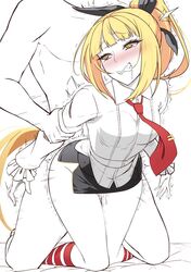 1boy 1girls arc_system_works big_ass blazblue blonde_hair blush bottom_heavy cum doggy_style drooling from_behind looking_pleasured medium_breasts raquel_alucard straight striped_legwear vermillion_dice wide_hips