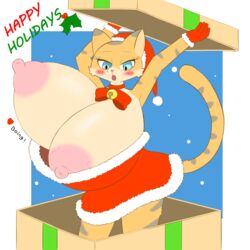 anthro bell big_breasts blush bouncing_breasts bow_tie box breasts christmas christmas_clothing christmas_headwear clothing collar container costume domestic_cat exposed_breasts felid feline felis female gift gift_box hat headgear headwear hi_res holidays huge_breasts hyper hyper_breasts looking_at_breasts mammal nipples open_mouth santa_costume santa_hat snow solo suprised_look surprise wafflecat wardrobe_malfunction