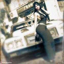 1girls 3d black_hair car depth_of_field dutch_angle female female_only large_breasts long_hair looking_at_viewer original original_character pants penny_(psyco75) pinup psyco75 shirt slushe_(website) smile solo standing striped striped_clothing striped_pants striped_shirt