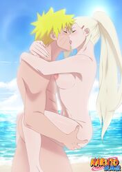 1boy 1girls beach blonde_hair carrying fit_female french_kiss ino_yamanaka kissing kissing_while_penetrated lenacringe light-skinned_female naruto romantic saliva sex slim_waist stand_and_carry_position standing teenage_girl teenager tongue tongue_out uzumaki_naruto