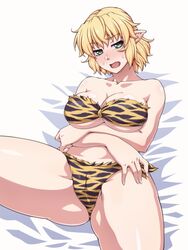 animal_print bandeau bed_sheet bikini blonde_hair blush breasts eyebrows_visible_through_hair female green_eyes highres large_breasts looking_at_viewer mizuhashi_parsee oerba_yun_fang ootsuki_wataru open_mouth pointy_ears print_bikini short_hair simple_background sitting solo sweatdrop swimsuit thighs tiger_print touhou white_background yellow_bikini