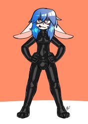 1boy animal_ears anthro black_bodysuit black_latex blue_hair blue_hair_male bodysuit bulge clothing femboy heart-shaped_pupils huge_bulge latex male male_anthro male_only mouth_closed qqlettuce rainbow_eyes rainbow_eyes_male solo tongue tongue_out