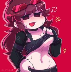 agent_gf_(friday_night_funkin) alternate_costume blush breasts brown_hair female friday_night_funkin girlfriend_(friday_night_funkin) insipid looking_at_viewer navel shirt shirt_lift simple_background smile standing sunglasses sunglasses_on_head sweat tagme underboob