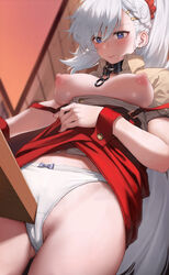 absurdres apron azur_lane bangs beige_shirt belfast_(azur_lane) belfast_(piping-hot_perfection)_(azur_lane) blue_eyes blush breasts broken broken_chain chains collar female highres large_breasts long_hair looking_at_viewer masturbating masturbation metal_collar mochirong nipples red_apron solo table_humping thighs waitress white_hair