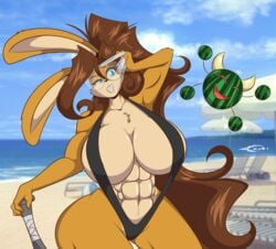 1girls 2021 anthro beach blue_eyes breasts brown_hair buckteeth cleavage demon female furry glasses headband huge_breasts lagomorph long_hair mastergodai melon muscular muscular_female orange_fur original original_character rabbit sling_bikini swimsuit thick_thighs voluptuous wide_hips