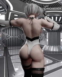 1girls 3d ass ass_focus blindfold butt_focus female female_only leotard light-skinned_female light_skin nier:_automata solo solo_female thick_ass thick_legs thick_thighs white_body white_hair wicked3dx yorha_2b