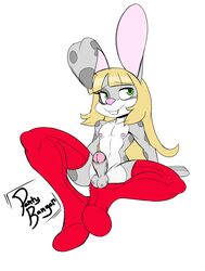 1boy anthro balls blonde_hair blonde_hair_male bunny clothing femboy green_eyes green_eyes_male legwear long_hair long_hair_male male male_anthro male_only mostly_nude mostly_nude_male nipples penis red_legwear solo