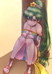 1girls alternate_costume armlet ass bikini blue_bikini blue_swimsuit bracelet breasts cleavage female_only fire_emblem fire_emblem:_the_blazing_blade fire_emblem_heroes flower fukadumeasadume green_eyes green_hair hair_flower hair_ornament highres jewelry large_breasts long_hair looking_at_viewer lyn_(fire_emblem) lyn_(summer)_(fire_emblem) lyndis_(fire_emblem) nintendo official_alternate_costume open_mouth palm_tree ponytail sandals sitting sweatdrop swimsuit tree very_long_hair