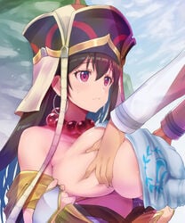 1boy asahi_(fullmetal_madness) bangs bare_shoulders blush breast_grab breasts brown_hair fate/grand_order fate_(series) female grabbing hat large_breasts long_hair paizuri red_eyes straight xuangzang_sanzang_(fate) xuanzang_(fate)