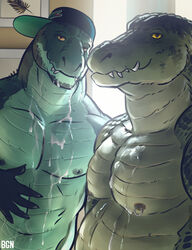 anthro bgn bodily_fluids chefbg clothing crocodile crocodilian crocodylid cum duo genital_fluids hat headgear headwear hi_res joey_(bgn) male muscular muscular_anthro muscular_male nipple_piercing nipples piercing reptile scalie selfie