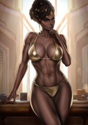 1girls arcane artist_name athletic bikini black_female clothed dandon_fuga dark-skinned_female dark_skin earrings facing_viewer female female_only green_eyes human large_breasts league_of_legends looking_at_viewer mel_medarda navel_piercing posing solo