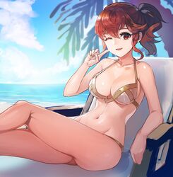 1girls ;d alternate_costume anna_(fire_emblem) anna_(fire_emblem_heroes) bare_arms bare_shoulders beach bikini blue_sky breasts brown_bikini chair cleavage cloud collarbone commentary_request day female female_only finger_to_cheek fire_emblem fire_emblem_heroes highres horizon knee_up kokouno_oyazi long_hair looking_at_viewer lounge_chair medium_breasts navel nintendo ocean one_eye_closed open_mouth outdoors palm_tree ponytail red_eyes red_hair simple_background sky smile solo stomach sunglasses swimsuit thighs tree water